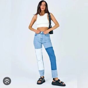 Princess Polly Blue and White Patchwork Cofield High waist Straight Leg Jeans 6